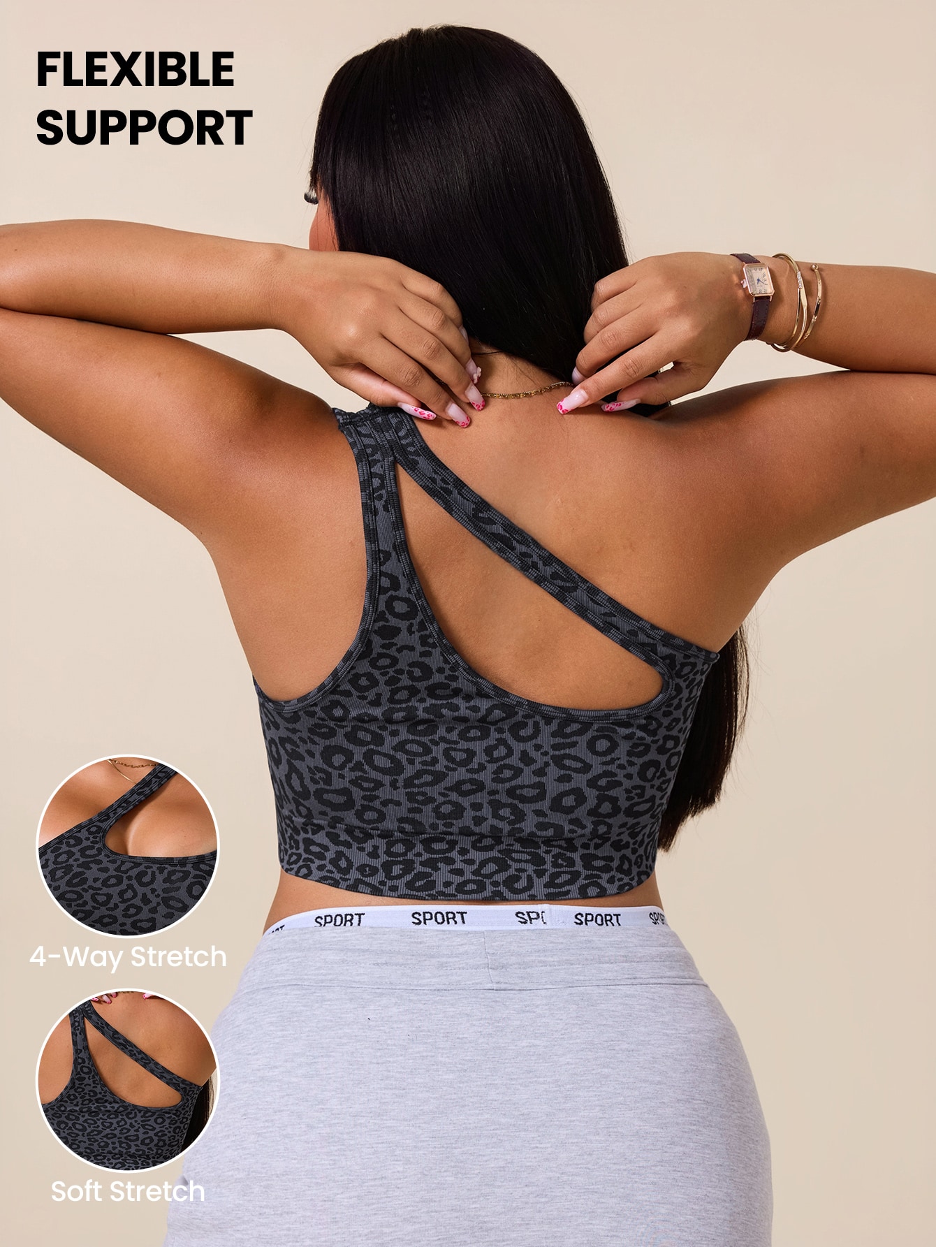 Tank Top Ribbed - เสื้อชั้นในกีฬาแบบไม่สมมาตรสำหรับผู้หญิงไซส์ใหญ่ ลายเสือดาว ดีไซน์เว้าช่วงอก เสื้อโยคะผ้าริบ ชุดออกกำลังกาย