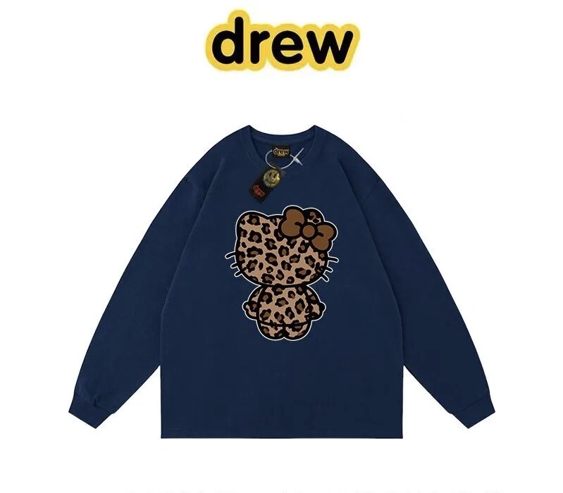 Base Layer Top - เสื้อยืดแขนยาวลายแมว Drew House สำหรับทุกเพศ สไตล์วินเทจ โอเวอร์ไซส์