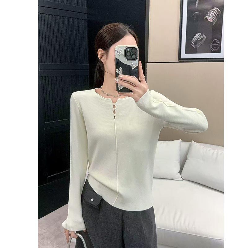 Base Layer Top - เสื้อถักลายฉลุสไตล์อเมริกันสำหรับผู้หญิง ทรงเข้ารูป แขนยาว แฟชั่นชั้นในสำหรับฤดูใบไม้ร่วงและฤดูหนาว