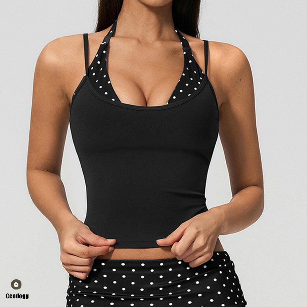 Suspender Tank Top - เสื้อกล้ามโยคะแบบผูกคอ ลายจุด สำหรับผู้หญิง บราออกกำลังกายแบบซัพพอร์ตสูง เหมาะสำหรับยิม พิลาทิส