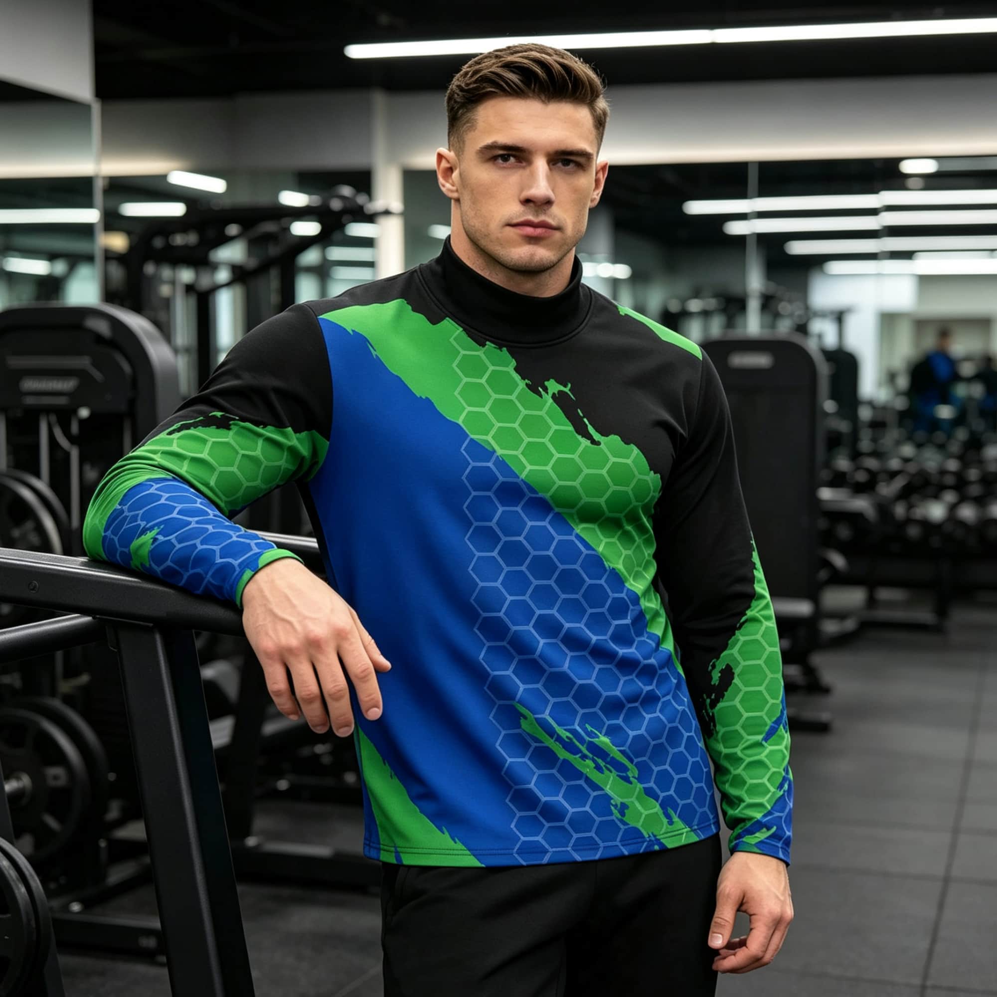 Base Layer Top - เสื้อยืดแขนยาวคอเต่าลายกราฟิกสีตัดกันสำหรับผู้ชาย เนื้อผ้าลายรังผึ้ง ระบายอากาศได้ดี เหมาะสำหรับการออกกำลังกายและสวมใส่เป็นเสื้อชั้นในลำลอง