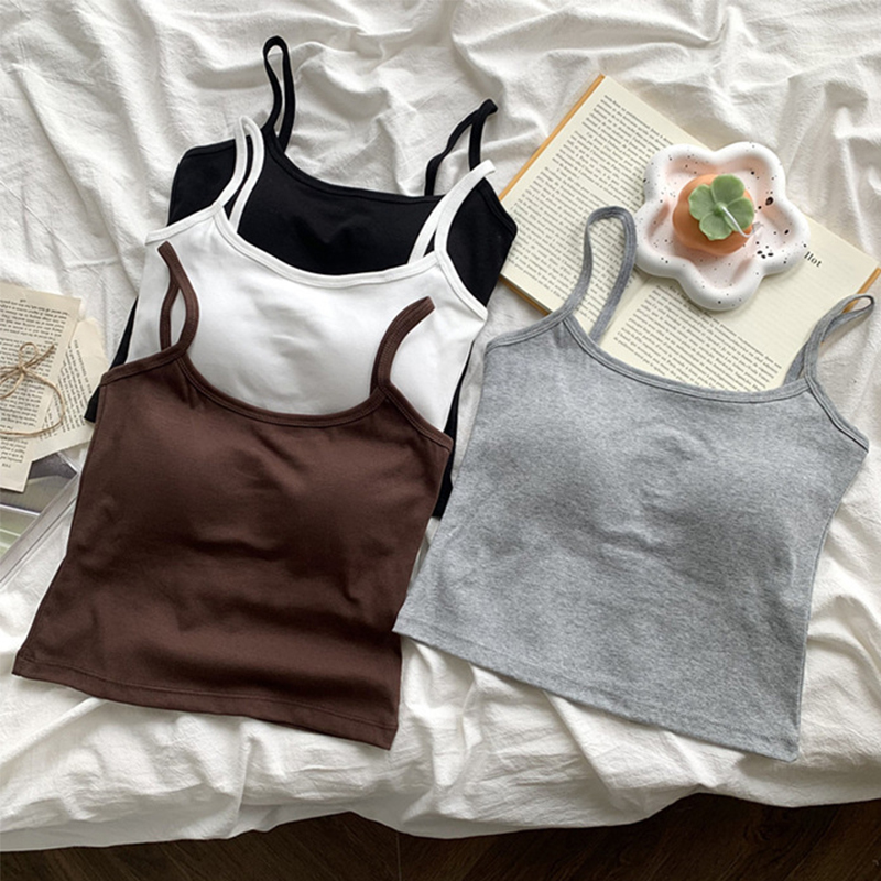 Suspender Tank Top - เสื้อกล้ามครอปทรงเข้ารูปสำหรับผู้หญิง FINETOO พร้อมแผ่นรองบราในตัว สายเดี่ยวแบบสปาเก็ตตี้ เสื้อแคมิแบบลำลองสำหรับฤดูร้อน เสื้อแขนกุด